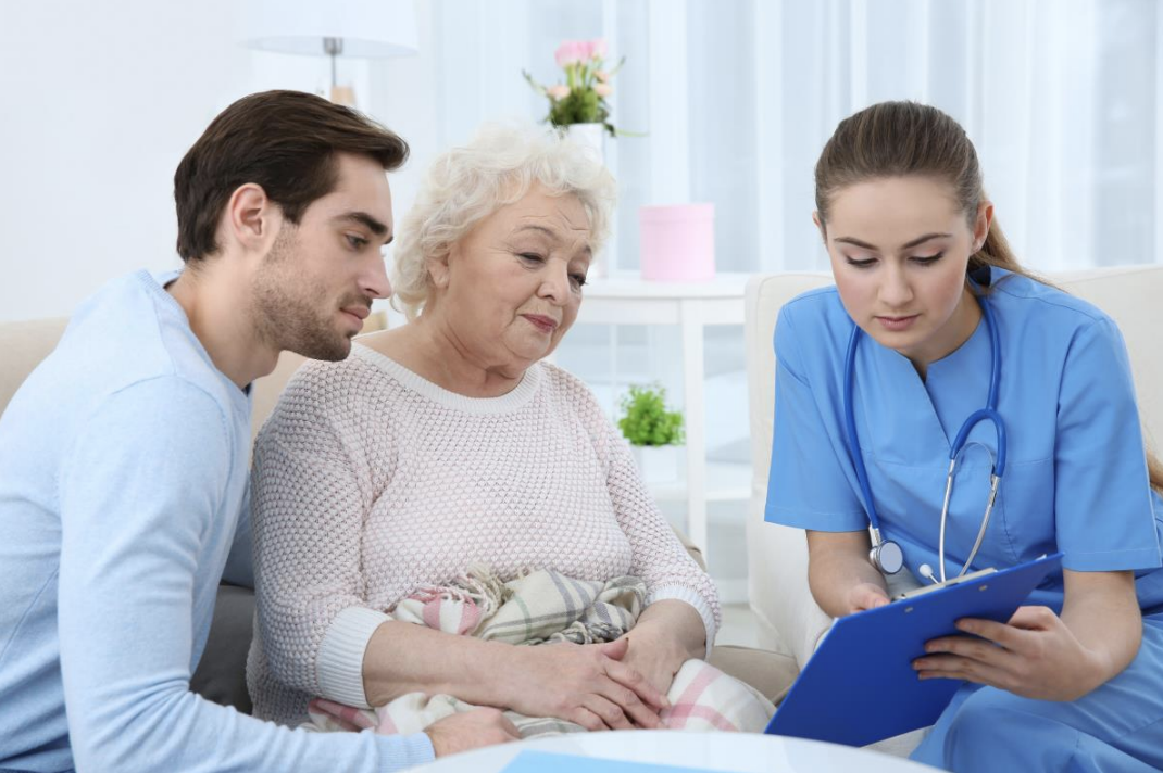Healthcare team meeting with elderly patient and family